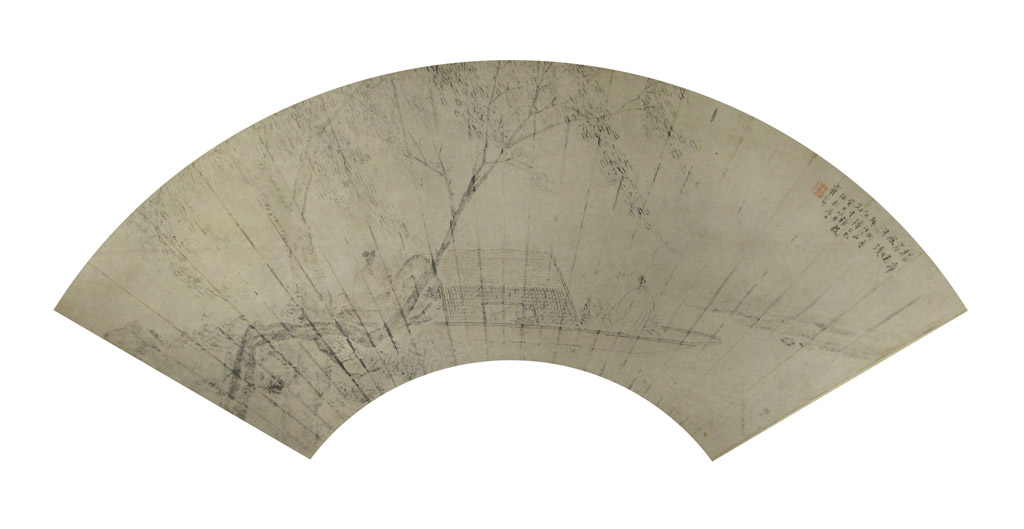 泛舟图。年代：1913。题画：杨邨菀绕风陵月，写柳春 （不辨）。款识：公传二兄先生雅教，癸丑九月，詠秋居士。铃印：崔芹画印 （白）。墨色扇面 52 x 18 cm