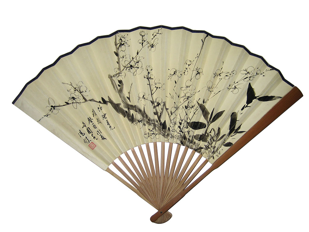 Winter Blossom [front]. Dated Summer 1933. Inscribed and signed, with artist seal. Calligraphy on the reverse. Inscribed with Seven characters poem, Written by ZHUANG XIAN 1872 - 1956. Signed, with artist seal. Dedicated to Zhongjun. Folding Fan. Ink and colour on paper 52 x 18 cm