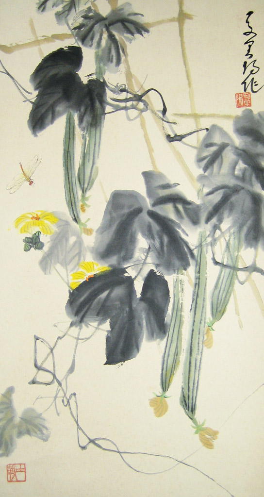 蜻蜓点瓜藤。款识：夏里阳作。铃印：夏里阳。设色纸本，立轴 48 x 90 cm