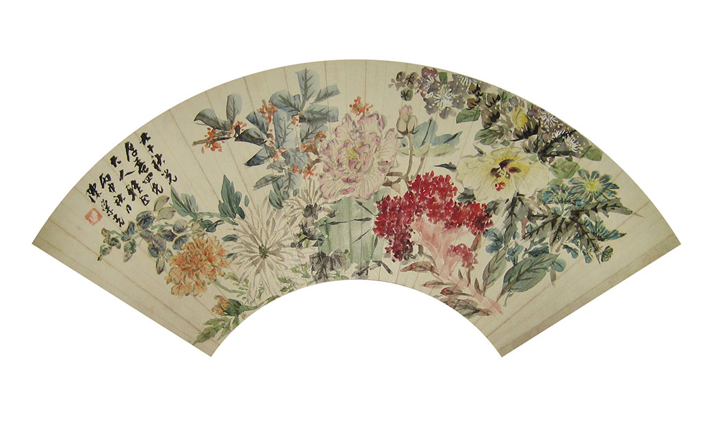 百花齐放。年代：1896秋。卒年作品。款识：九十秋光厚意。四兄大人雅正，丙申秋月。陈崇光。铃印：若木 （白）。设色纸本扇面 54 x 18 cm