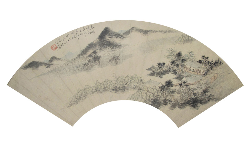 春明话雨。年代：1820秋。款识：春明话雨。庚辰八月似，百㲄大词坛教政，序伯弟程庭鹭。铃印：序伯（白）。设色绢本扇面 51.5 x 18 cm