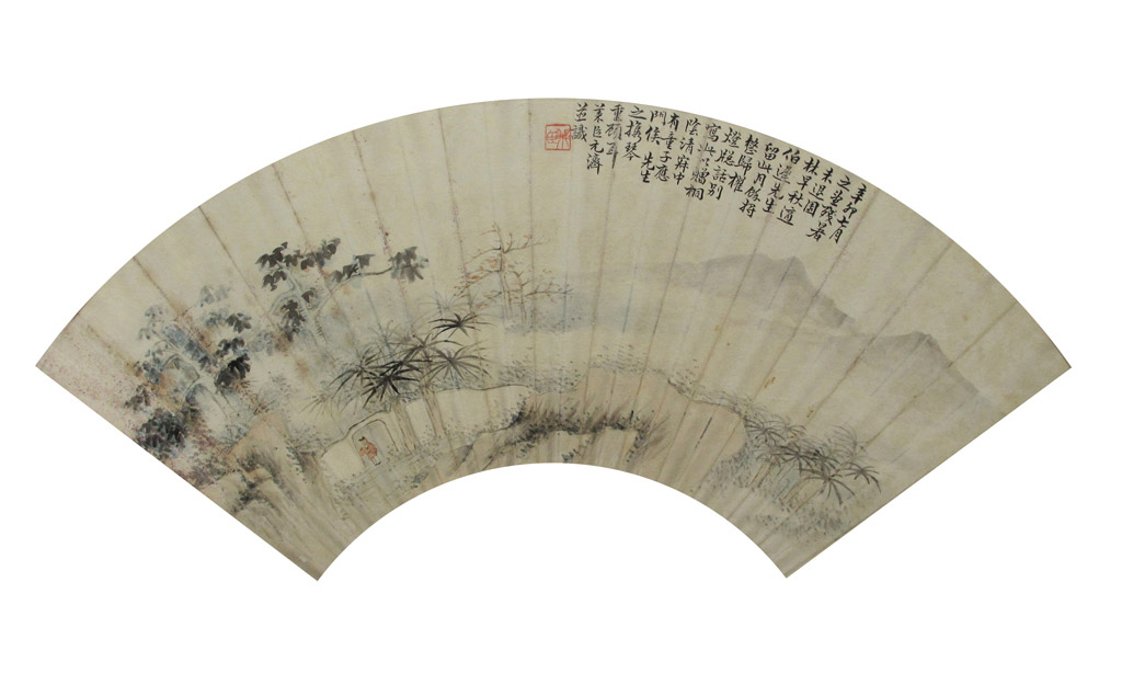 秋窗赠别。年代：1891夏。款识：辛卯七月之，望残暑未退，园林早秋适，伯遟先生留此，月馀将整归，擢灯窗话别，写此以赠。桐阴清寂中，有童子应门俟，先生之携琴重顾耳。莱臣元济并识。。铃印：莱臣 （朱）。设色扇面 52 x 17.5 cm