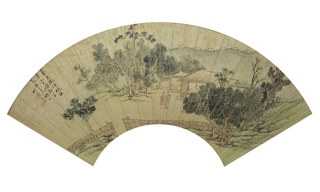 仿西草堂图。款识：摹文征仲1城西草堂图，即呈芝香二兄2雅正。竹宾弟焯。铃印： 墨壶（白）沈竹宾（白）。设色纸本扇面 51 x 16.5 cm
