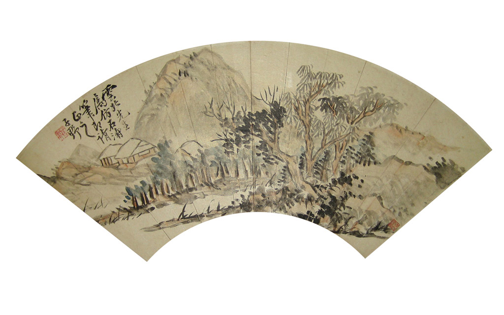 仿石涛图。款识：云北先生属仿石涛笔即请正之。子野。铃印：莲道人 （白）。鉴藏印：吉人审定。设色扇面 47 x 16.5 cm