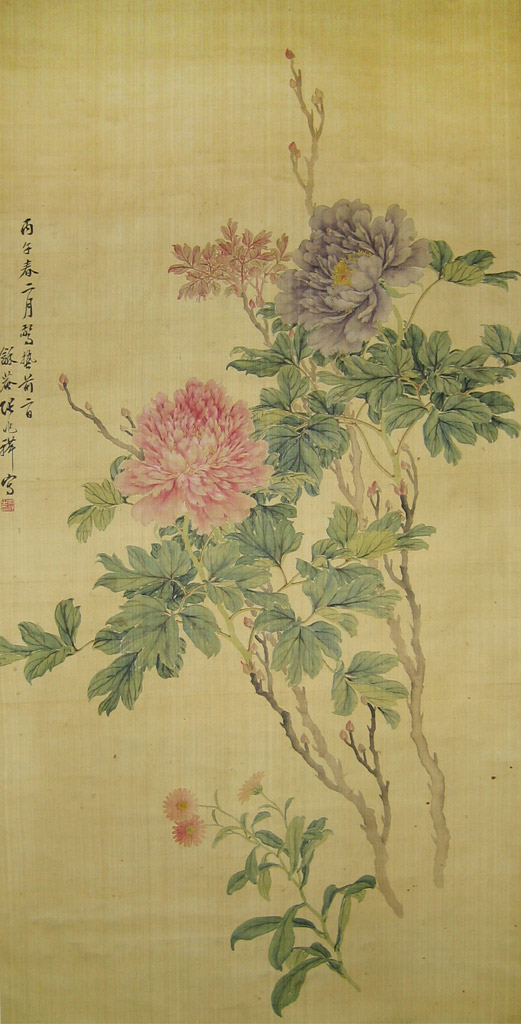 花卉图。年代：1876 春。款识：丙子春二月惊蛰二日，龢庵，张兆祥写。铃印：兆祥之印 （白）。设色绢本立轴 59 x 118 cm