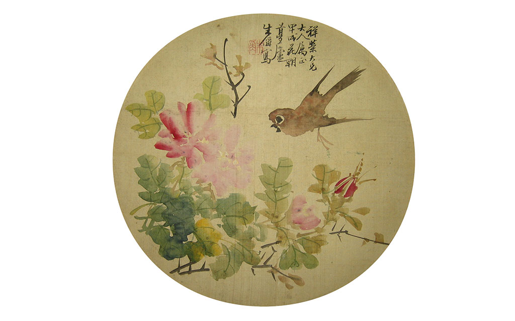花鸟图。年代：甲戌1874年作品。款识：祥荣大兄大人属正。甲戌花朝。梦庐朱偁写。铃印：朱偁 （朱）。设色纸本团扇面 25 x 25 cm