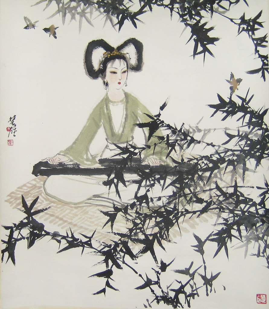 竹间琴韵。款识：楚雄。铃印：方，楚雄之印，图案印。设色纸本 69 x 80 cm