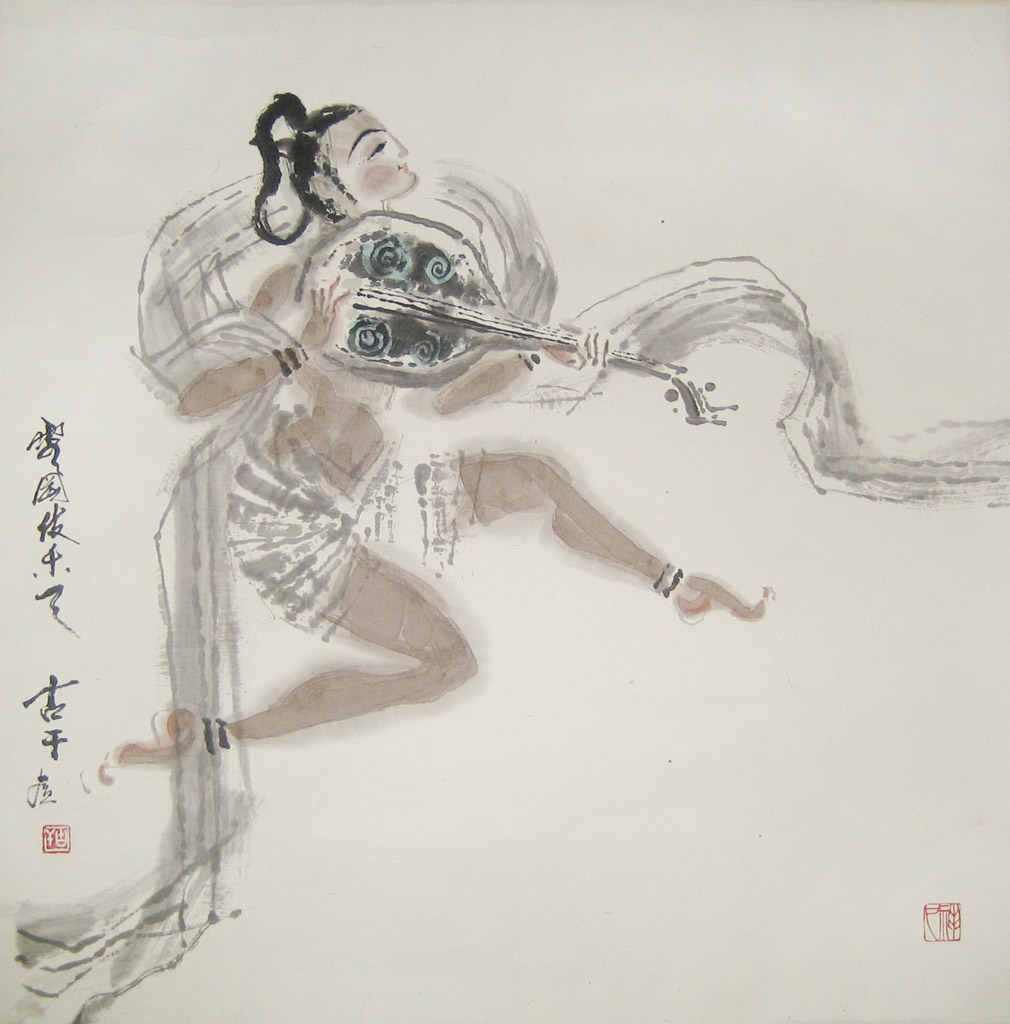 古干敦煌1。款识：云冈伎乐天，古干画。铃印：古干。设色纸本 39 x 42 cm