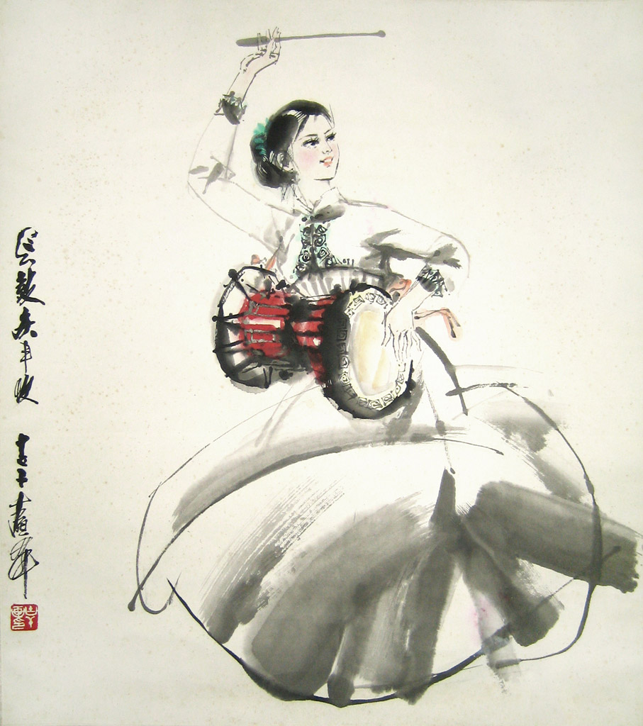 丰收舞。款识：黎鼓庆丰收，古干画。铃印：古干画印。设色纸本 66 x 70 cm