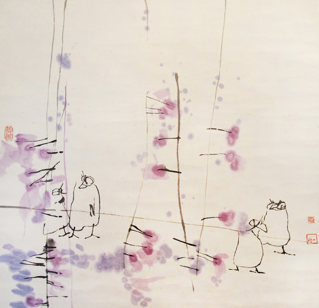 紫藤与小鸡。题款：大仓。铃印：大仓， 仓，仓一书画。设色纸本 68 x 68 cm