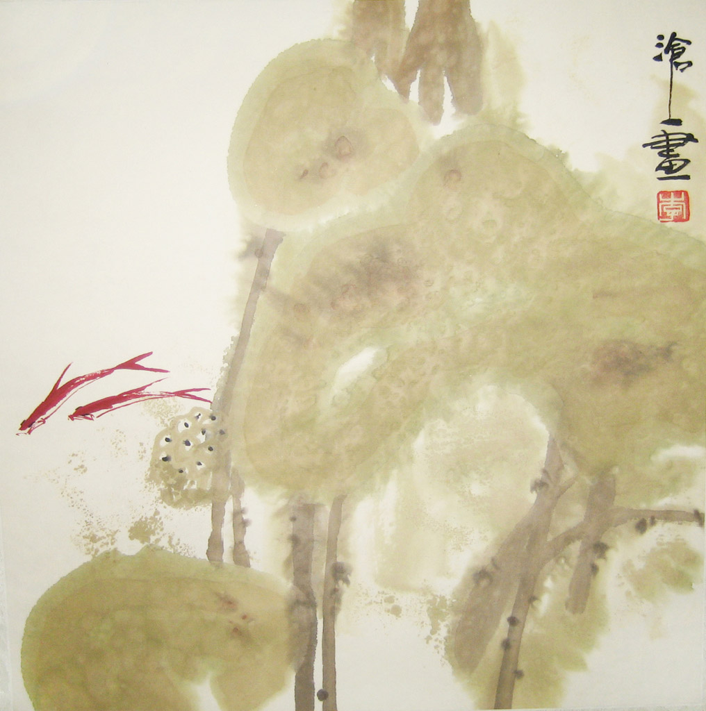 鱼系列1。题款：沧一画。铃印：大仓。设色纸本 34 x 34 cm