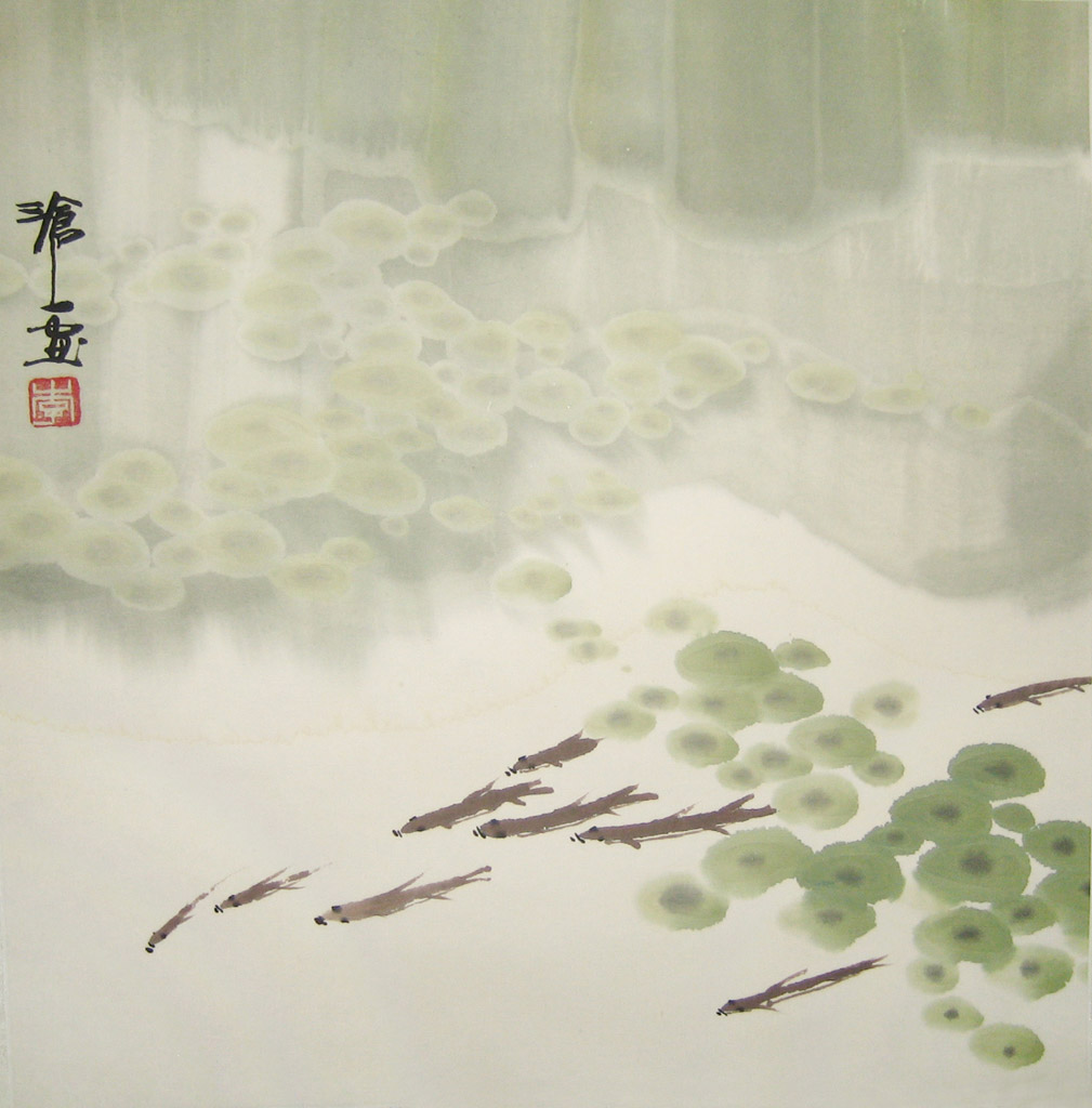 鱼系列2。题款：沧一画。铃印：大仓。设色纸本 34 x 34 cm