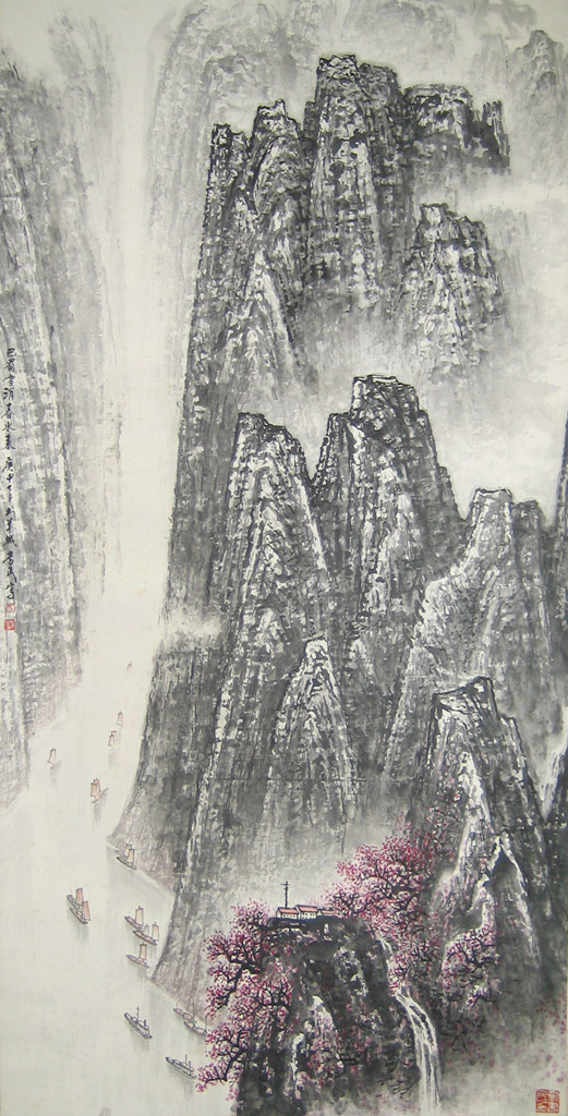 Spring Mountains. Dated Spring 1980. Painted in Guangzhou. Inscribed and signed with 2 artist seals. Scroll. Ink and color on paper 68 x 138 cm Spring Mountains. Dated Spring 1980. Painted in Guangzhou. Inscribed and signed with 2 artist seals. Scroll. Ink and color on paper 68 x 138 cm