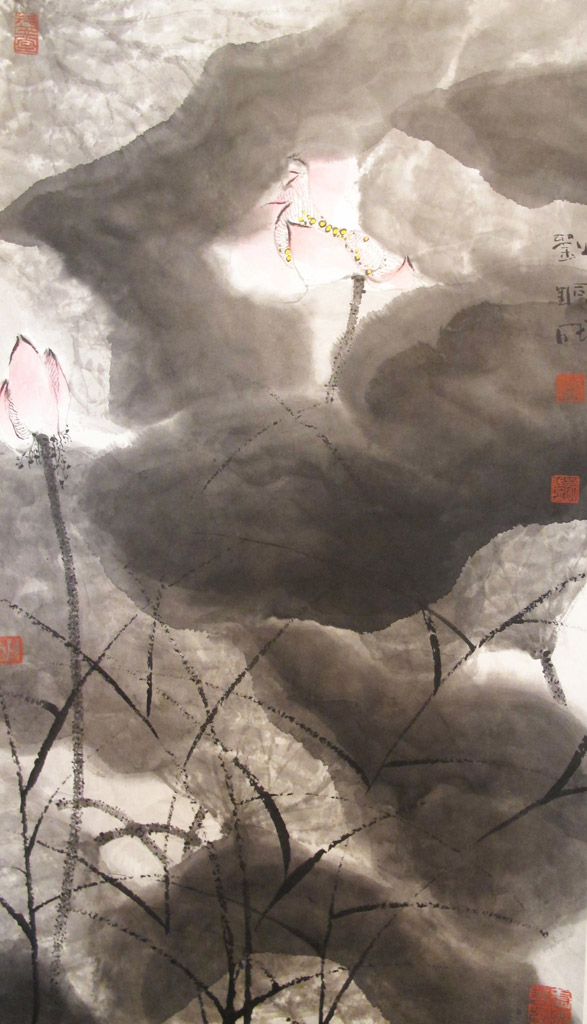 荷花。题款：刘铜成。铃印：五方。参考原作。墨色纸本 45 x 76 cm