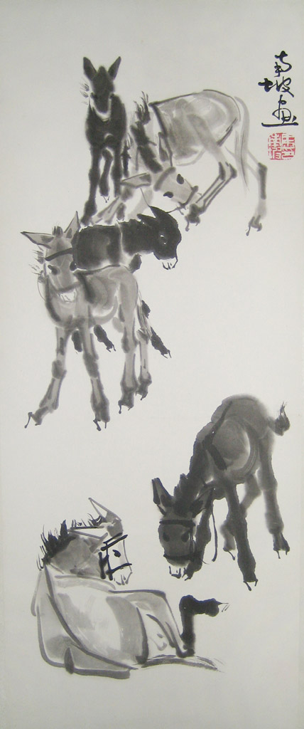 驴子。款识：马南波画。铃印：马南波印。墨色纸本 34 x 85 cm