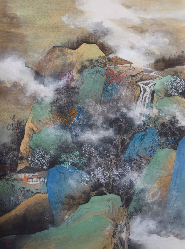 金山。铃印：两方，参考原作。设色金纸本 64 x 90 cm