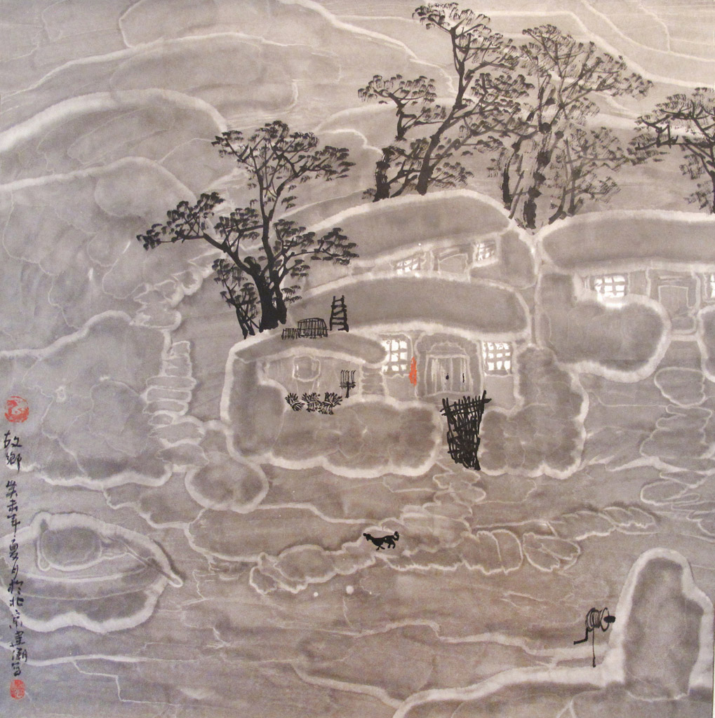 故乡。年代： 2003 夏。题款：癸未年夏月於北京建潮写。铃印：龙，不辨。墨色淡彩纸本 70 x 70 cm