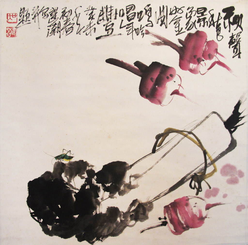 秋声。年代： 2003 夏。题款：秋色景象如金，曲鸣吟唱年丰。癸未年初春建潮写。并题。铃印：大四，建潮。设色纸本 68 x 68 cm