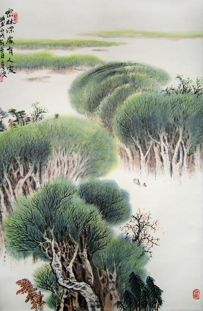 春山。年代：2006 秋。题款：密林深处有人家，时在丙戍年冬日，彦波。铃印：于，彦波。设色纸本 46 x 68 cm